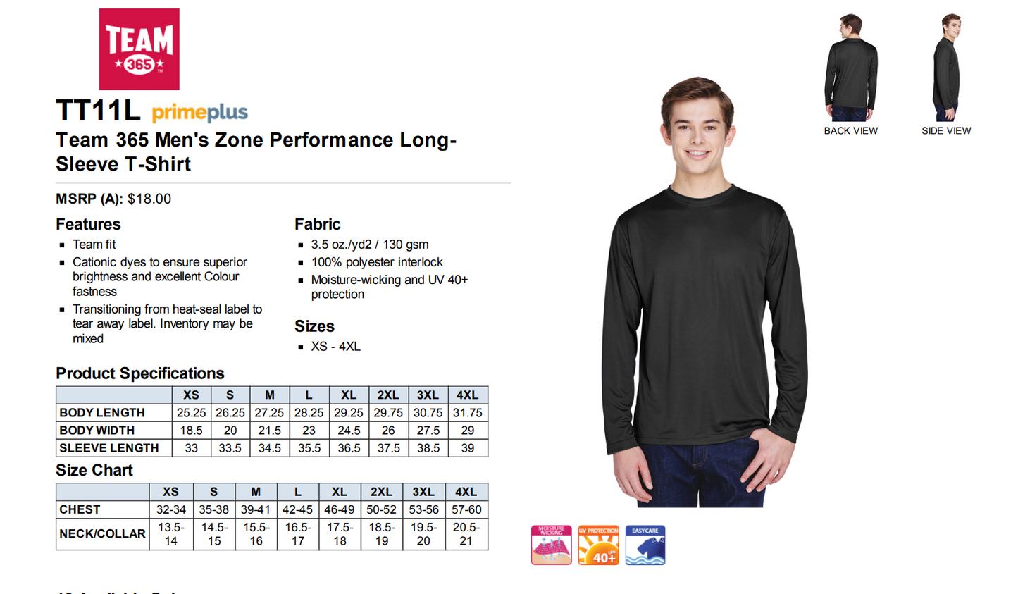 Team 365 Performance Training Tee - Long Sleeve - Adult and Youth ( Navy, Red or Royal)